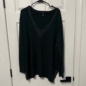 Green V-Neck Sweater with Studded Details
